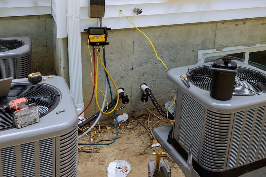 HVAC units with exposed yellow and red wires.