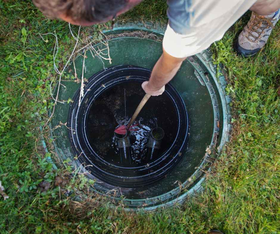 Top-down view of a person in sneakers reaching into an open manhole with a wooden tool in a grassy yard.