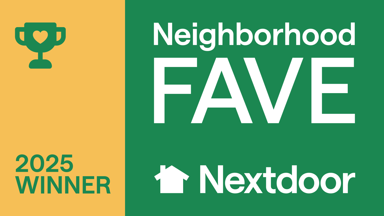 Neighborhood FAVE 2025 winner badge for Nextdoor, gold and green with trophy icon on left panel.